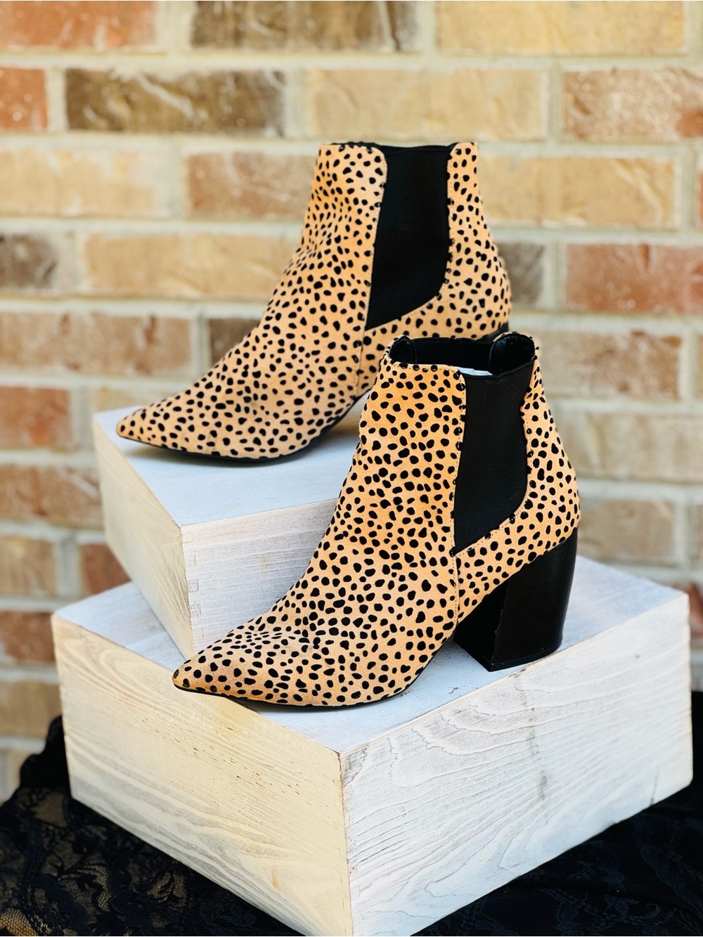 Women's Leopard Print Ankle Booties with Block Heel - Black & Tan
